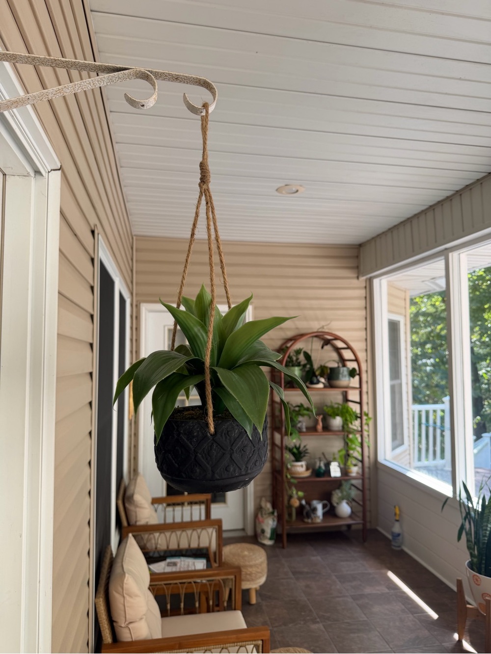 Magnolia Faux Plant Black Hanging Planter with Jute Rope - Home Accents